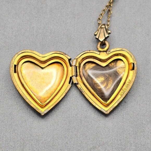 VTG 1/20 10K GF Heart Locket Necklace 18" Floral Etching Rolo Chain Hair Keepsak - Picture 4 of 10
